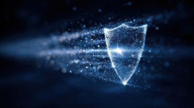 Futuristic Shield Icon Representing Cyber Protection With Glowing Data Lines and Particles in a Deep Blue Background - Powered by Adobe