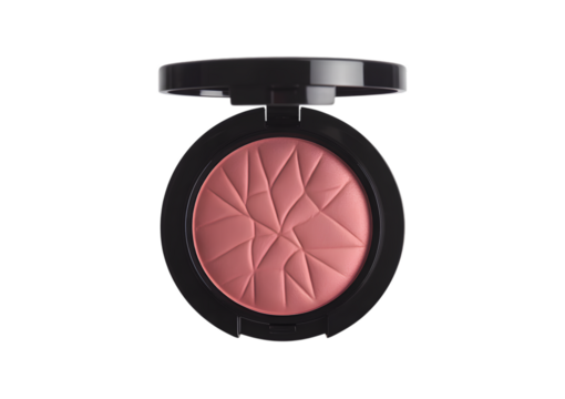 Close-up shot of a round blush compact with a black lid, showcasing the product.