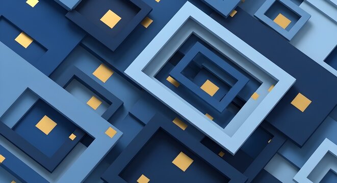 Abstract geometric composition with blue rectangles and golden squares.