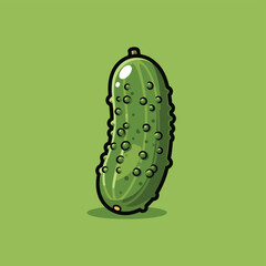 A cartoon illustration of a vibrant green pickle with a bumpy texture standing upright on a solid green background.