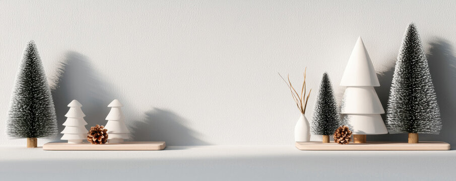 Christmas tree decoration with pine cone and minimalist white background creates peaceful festive atmosphere for holiday celebration