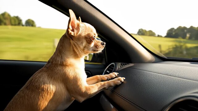 A curious dog sits atop the dashboard of a sleek vehicle, its head cocked to gaze out at the passing scenery, capturing the concept of travel and exploration, evoking feelings of freedom.