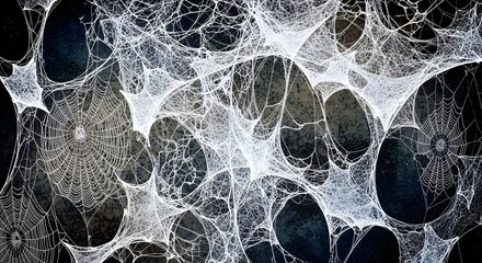 4k, intricate macro image of a complex spiderweb structure spanning across a dark surface, its delicate threads creating a mesmerizing pattern with cool, monochromatic