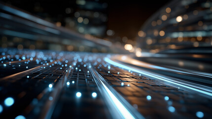 Digital Data Stream in Modern Metropolis: Capturing the essence of a modern metropolis, this image highlights the flow of digital data, represented by vibrant streams of light.