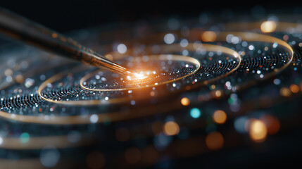 Focusing on Innovation: A close-up view unveils a meticulous exploration of a dynamic, interactive digital world, symbolized by intricate circles and a sense of scientific pursuit.