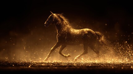 Fototapeta premium Golden Horse Silhouette Runs Through Glowing Particles Symbolizing Prosperity and Success in a Magical Landscape