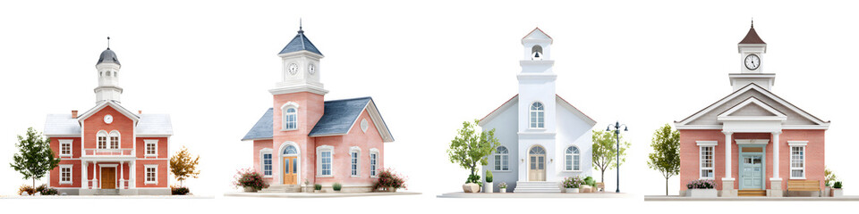 Fototapeta premium Cartoon City Hall and Church Watercolor Set on White Background