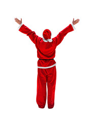Man in Santa Claus costume standing with outstretched hands. Back view. Isolated on transparent background. Christmas and new year celebrating