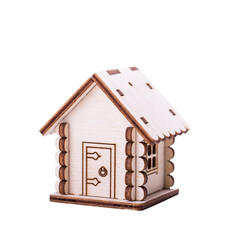 Wooden model of house, closeup object. Isolated on transparent background. Mortgage concept