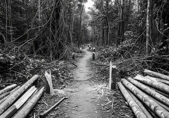 Deforestation scene showing a path lined with freshly cut logs and tree stumps