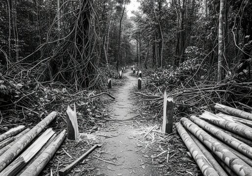 Deforestation scene showing a path lined with freshly cut logs and tree stumps