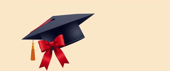 Beige background, abstract graduation cap, red bow, gold frame, diploma illustration,  classic,  diploma