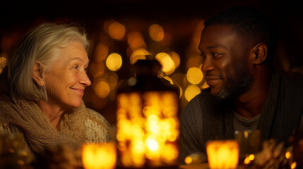 Soft candlelight illuminates an intimate intergenerational connection, as an older woman and a younger man share smiles and warmth, a beautiful example of Humanlight in USA's inclusive spirit