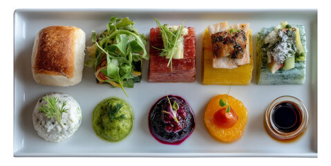 Colorful Gourmet Platter with Various Artistic Food Arrangements on White Plate