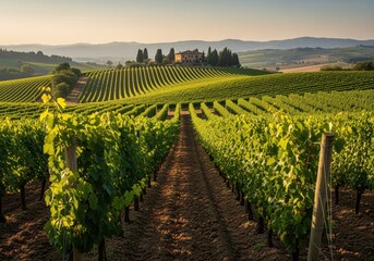 Fototapeta premium Golden hour light illuminating a vast vineyard landscape and traditional farmhouse in tuscany