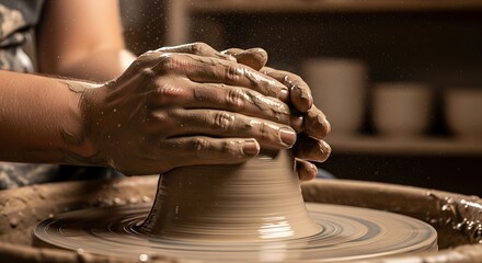 Hands shaping clay on a spinning pottery wheel artistic craftsmanship