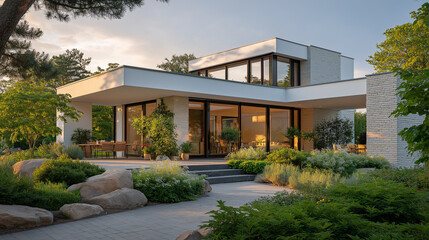 Fototapeta premium Modern Home Oasis: A sleek, contemporary home with expansive glass windows and a welcoming open-air porch, seamlessly blending into its lush, landscaped surroundings.