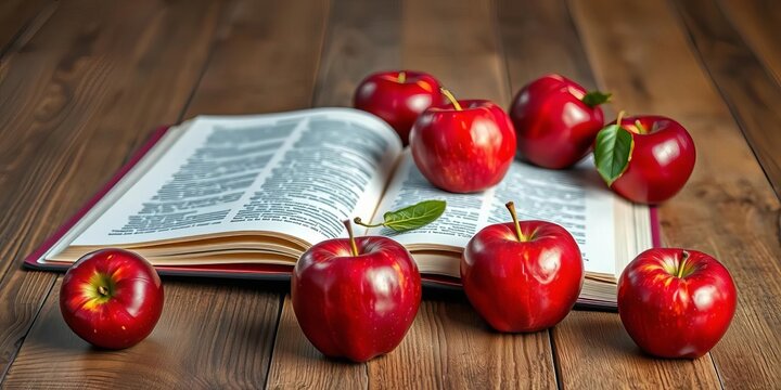 Red apples and an open book rest on a wooden surface, learning, story