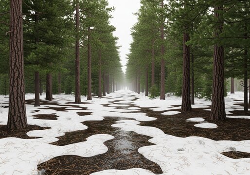 Wide forest trail lined with tall pine trees and melting snow patches in winter.