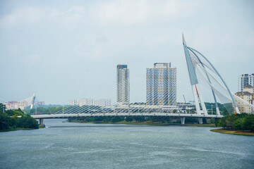Beautiful view of Seri Wawasan Bridge over a lake in Malaysia.