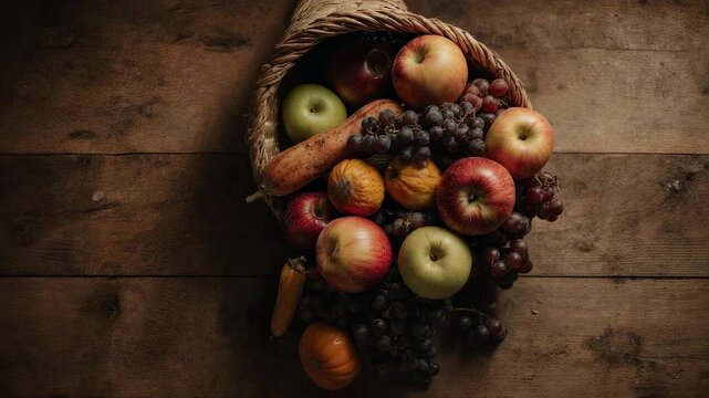 Overhead shot of cornucopia filled with apples, grapes, gourds, and squash on a wooden surface