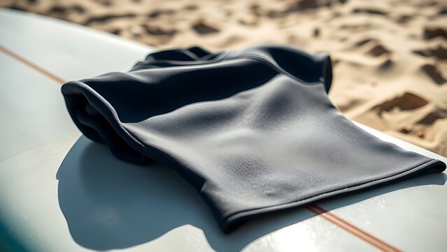 rashguard. Rolled-up rashguard resting on a surfboard at the beach in sunlight. event key visuals, club posters, designed for fitness apps and gym onboarding, used by fitness trainers.