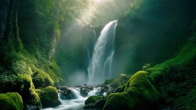 Experience the calming flow of a vibrant waterfall nestled in a lush green forest bathed in sunlight perfect for nature and tranquility themes