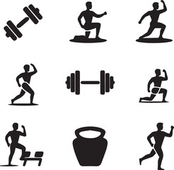 Fitness and Workout Silhouettes with Gym Equipment Icons