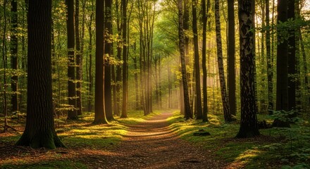Naklejka premium Sunlight streams through tall trees on a forest path