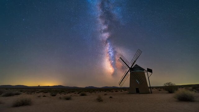 A lone windmill stands under a breathtaking starry night sky, revealing the majestic Milky Way galaxy over a vast, arid landscape.