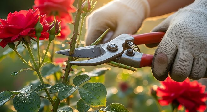 Close up of Gardener Pruning Red Roses with Hand Pruners at Sunset