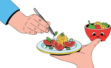 Cartoon Style Hands Arranging Salad With Tomatoes And Grains On Plate With Happy Bowl On White Background