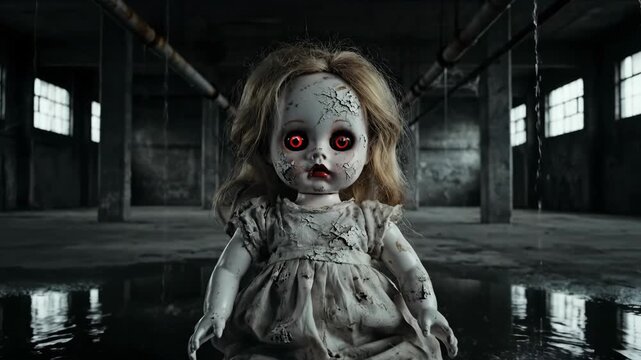 Creepy doll sitting in flooded dark room horror concept spooky atmosphere