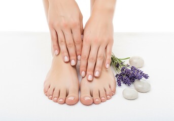 Beautiful female hands and feet with manicure and pedicure, lavender and spa stones.