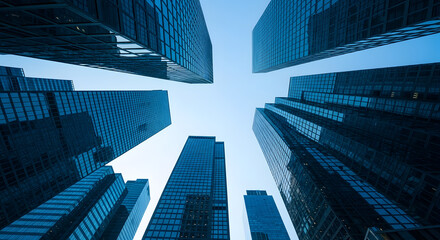 Fototapeta premium Modern skyscrapers reaching towards the sky, offering a stunning architectural perspective, perfect for commercial use