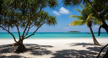 4k, Tropical trees framing a white sand beach leading to turquoise water, with an island in the distance on a sunny day, creating a serene, high-definition coastal view.