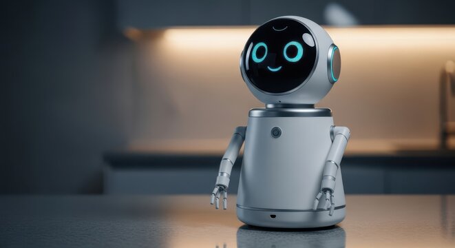 Cute ai robot with expressive eyes in a modern kitchen environment - Powered by Adobe