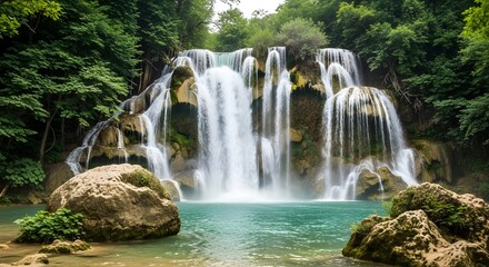 Fototapeta premium 4k landscape shot of a majestic waterfall cascading into a turquoise pool, surrounded by lush green trees in a tropical forest, creating a serene and refreshing mood.
