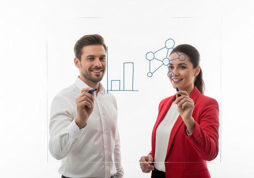 Smiling business colleagues drawing data analysis charts and network structure on glass screen. - Powered by Adobe