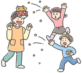 節分の豆まきをする先生（保育士）と男の子と女の子
