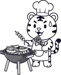 Flat vector cartoon tiger chef grilling food, barbecue scene, cooking character, summer meal, animal illustration, apron, spatula, skewer, sweat