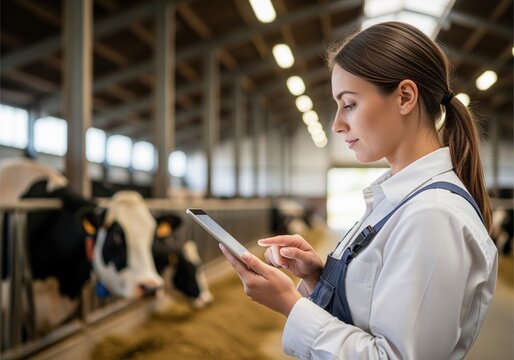 Female farmer checking cow health data on a tablet inside a large dairy barn