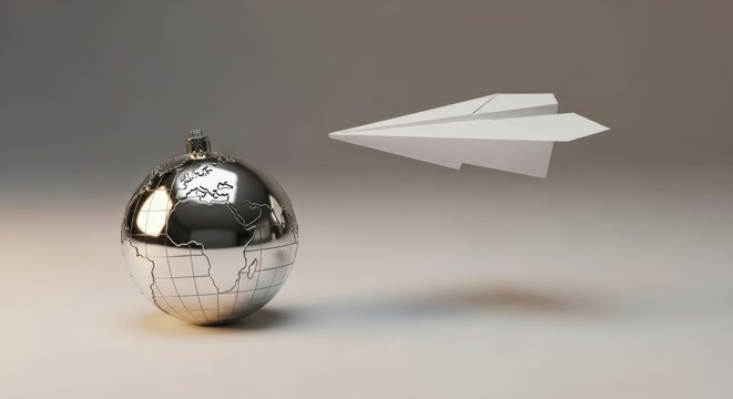 A symbolic Christmas travel concept with a paper airplane flying toward a silver globe ornament, representing global connection.