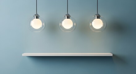 4k resolution, a minimalist composition featuring three modern pendant lights illuminating a clean white shelf against a soft blue wall, creating a serene and