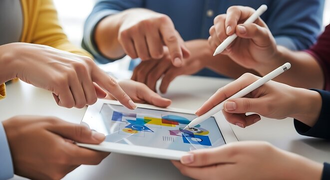 Diverse Team Collaborating on Digital Tablet with Stylus for Data Analysis and Business Strategy