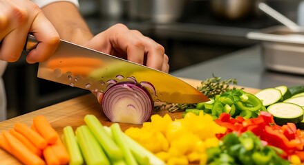 Chef Chopping Fresh Red Onion on Wooden Cutting Board with Colorful Vegetables