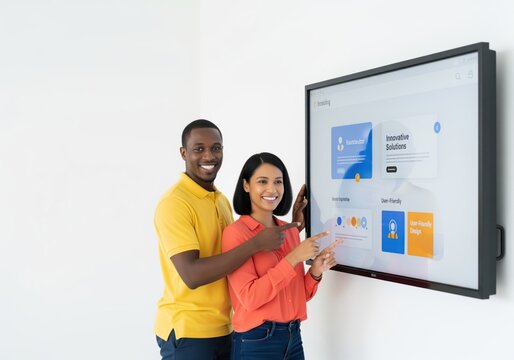 Diverse team of software engineers presenting user interface design on a large screen display.