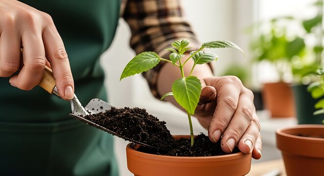 Gardener Hands Repotting Young Plant Seedling into Terra Cotta Pot with Soil - Powered by Adobe
