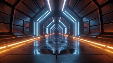Enter the futuristic tunnel illuminated by neon lights and glowing floor panels, perfect for sci-fi and technology visuals or metaverse environments - Powered by Adobe