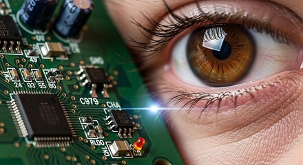 Futuristic Concept Human Eye Interacting with Glowing Microchip Technology and Data Security
